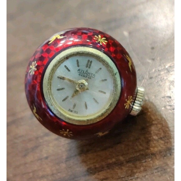 Atlanta Geneve Pendant Watch Swiss-made Orb Red Enamel Hand-painted Gold Birds - Picture 4 of 11
